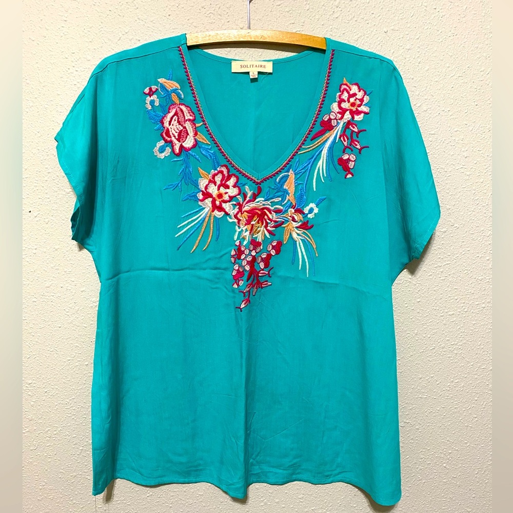 Solitaire Turquoise Floral Embroidered Blouse